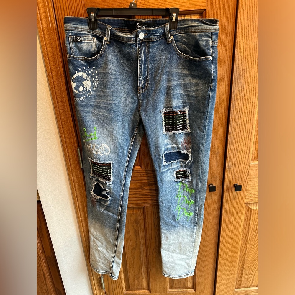 Switch Remarkable 40x32 Slim Taper Fit Jeans Studded Painted Blessed Discover